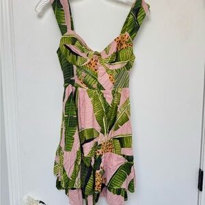 FARM Rio Pink and Green Leaf Dress